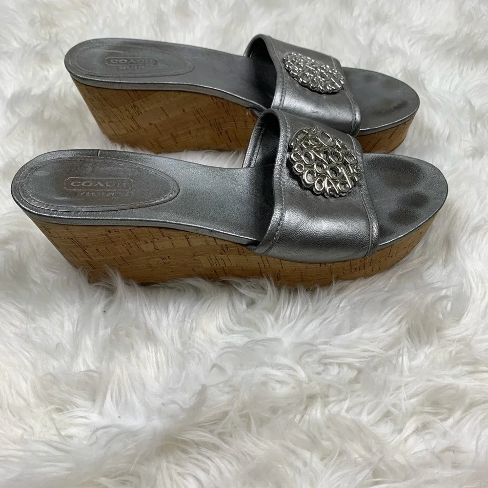 Coach Judith Silver Open Toe Wedge Sandals Size 10 Cork Heel